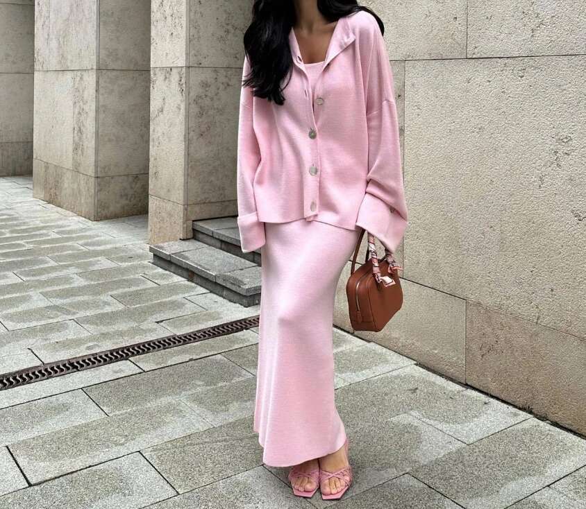 2025 New Fashionable Women's Clothing Solid Color Knitted Cardigan+Dress Elegant 2-Piece Sets for Women