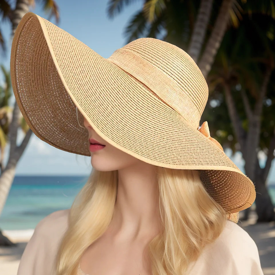 Summer Beach Vacation Big Hat Brim Beach Sunscreen Hat For Women Fashionable and Versatile Bow Ribbon Straw Hat 250326