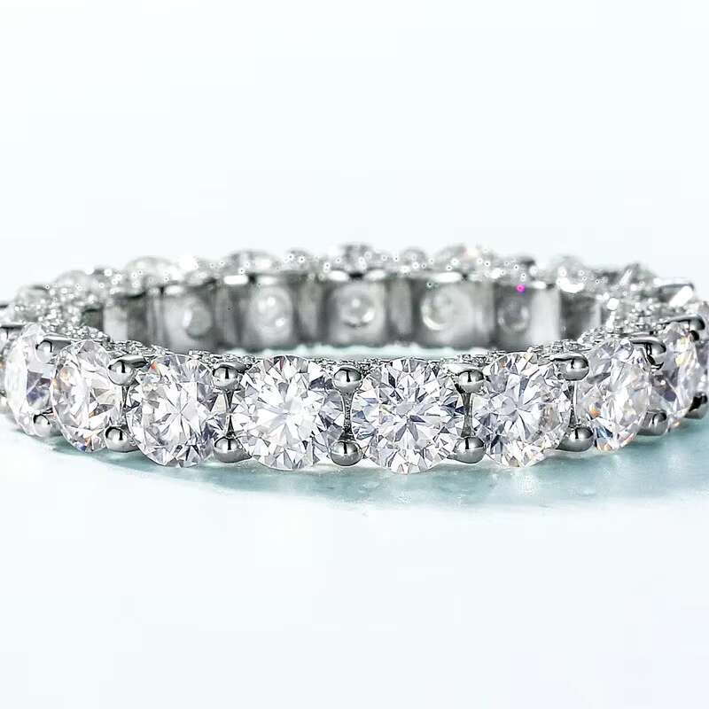 Kacy Gra Bridal Custom 925 Silver 4mm Round Cut Ice Out Moissanite Engagement Eternity Band Ring for Wedding