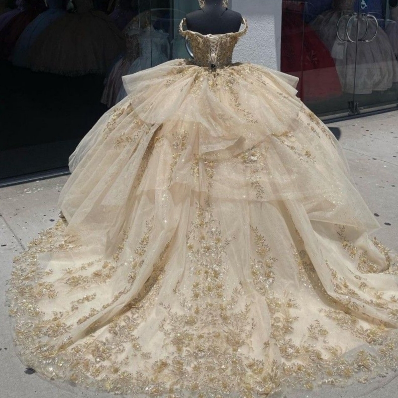 Champagne Shiny Quinceanera Dresses Ball Gown Birthday Party Prom Dress Lace Applique Sweetheart Sweet 16 Dress Vestidos De 15 Anos