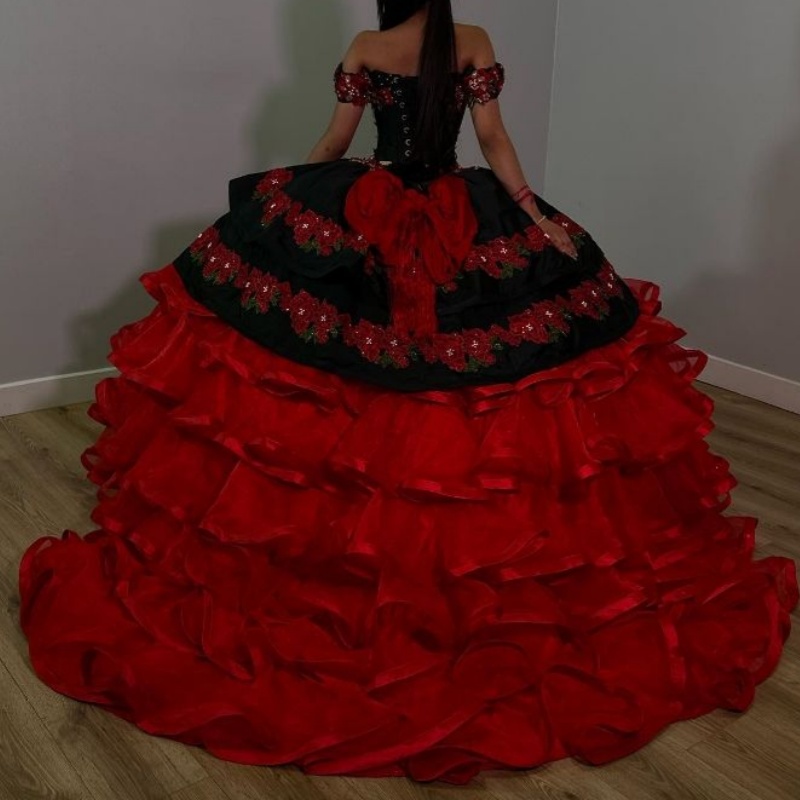 Red Off The Shoulder Quinceanera Dresses Beads Embroidery Applique Tiered Tull Ball Gown Sweet 16 Dress Princess Dress Vestido De 15 Anos