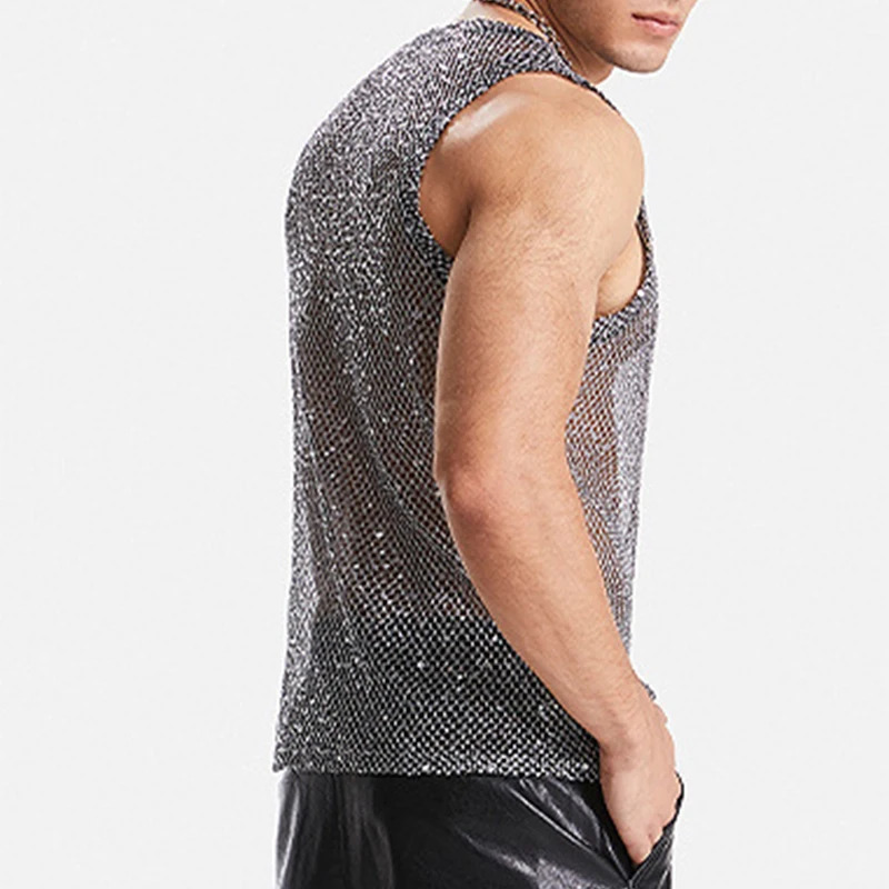 Nightclub Sexy Mens Tank Tops Mesh Sequin Glitter Hollow Out Transparent Vest Men Summer Fashionable Sleeveless Mesh Camisoles250324