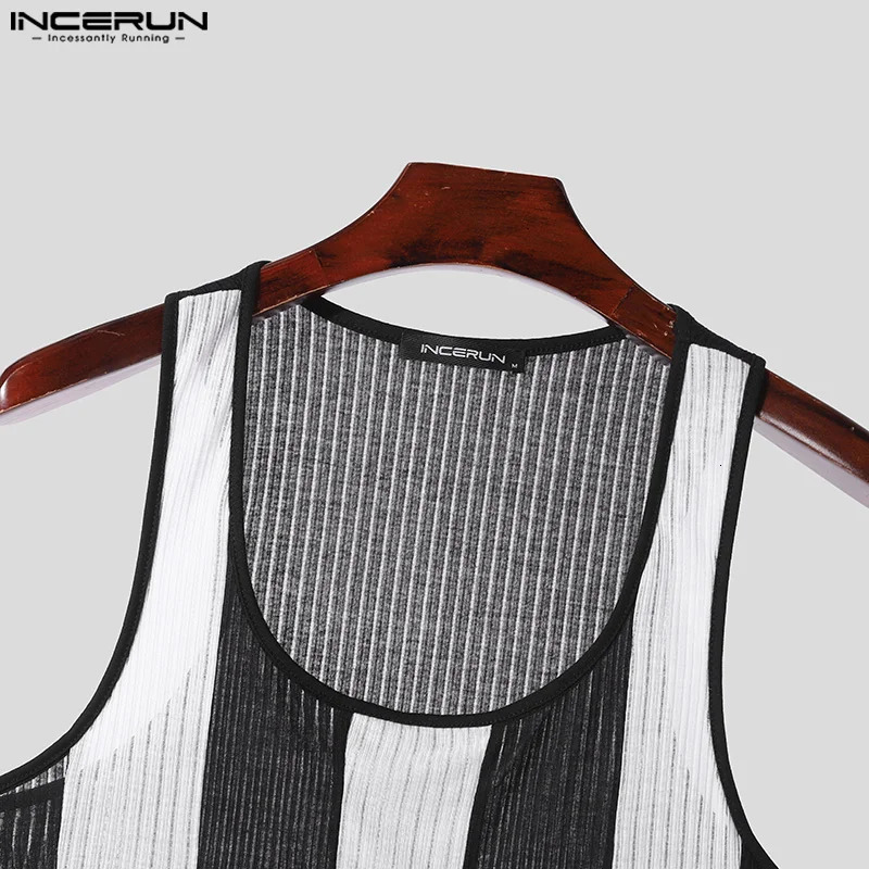 INCERUN Men Tank Tops Summer Sleeveless Fashion Transparent Tops Tee Men Clothing Streetwear Striped Chemise Oversized S-5XL250324