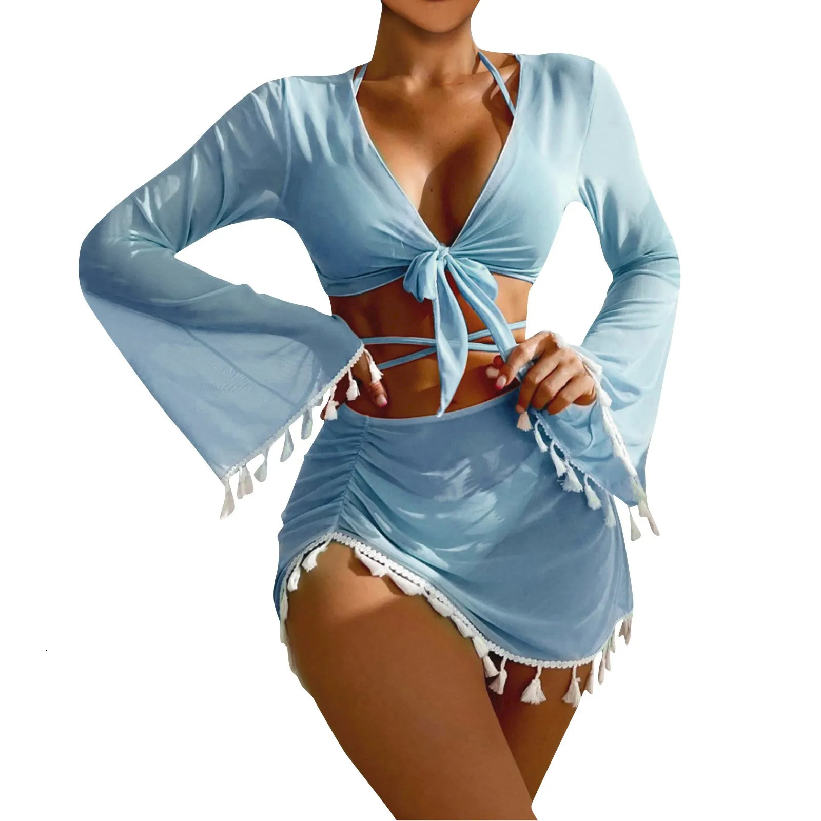 Solid Color Sexy Fashion Slim Fitting Beach Swimwear For Lady Split Lightweight Strap High Waist Pleated Cover-up Four-Piece Set 250324