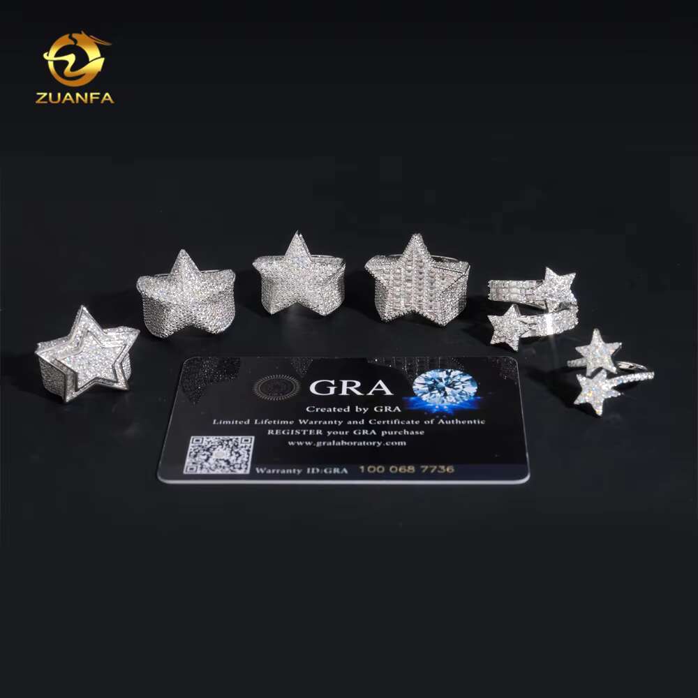 Hot Sale Instock Iced Out Star Moissanite Men Diamond Rings 925 Silver Hip Hop Ring Pass Diamond Tester Fashion Men Cuban Ring