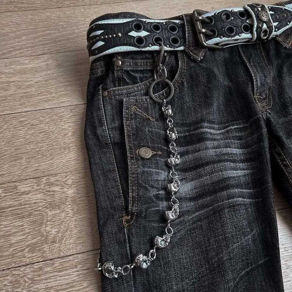 New Men's Heavy Industry Embroidered Jeans Punk Bellbottom Y2k Washed Dark Pants