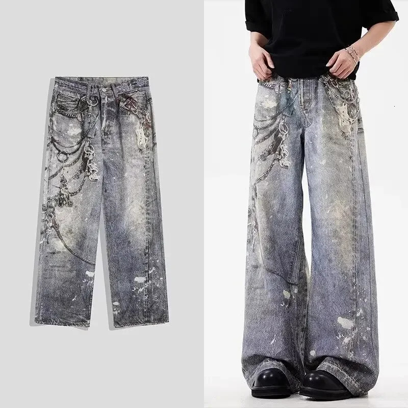 2024 mens 3D chain printed bag style jeans autumn casual straight denim pants high street blue wide leg Y2K 250326