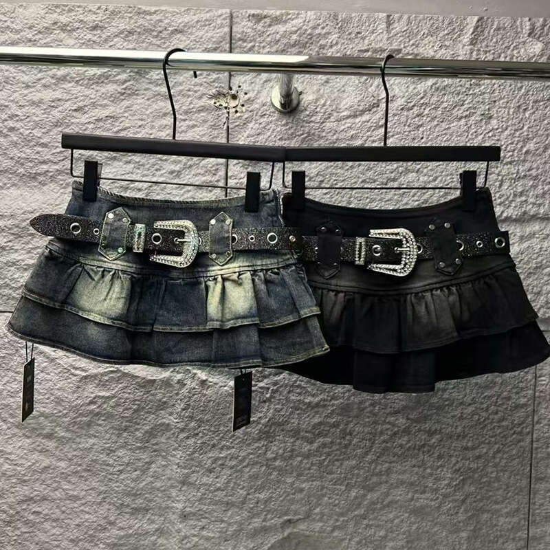 American Sweet Spicy Girl Denim Short Y2k Versatile Ruffled Skirt With Belt Spring And Autumn New Style