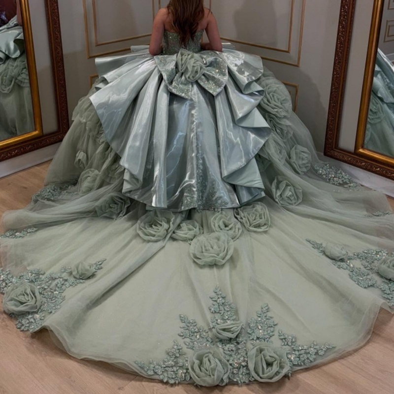 Green Shiny Princess Quinceanera Dresses Appliqued Flower Beads Tull Bow Sweet 16 Dress Off Shoulder Ball Gown Vestidos 15 De Anos