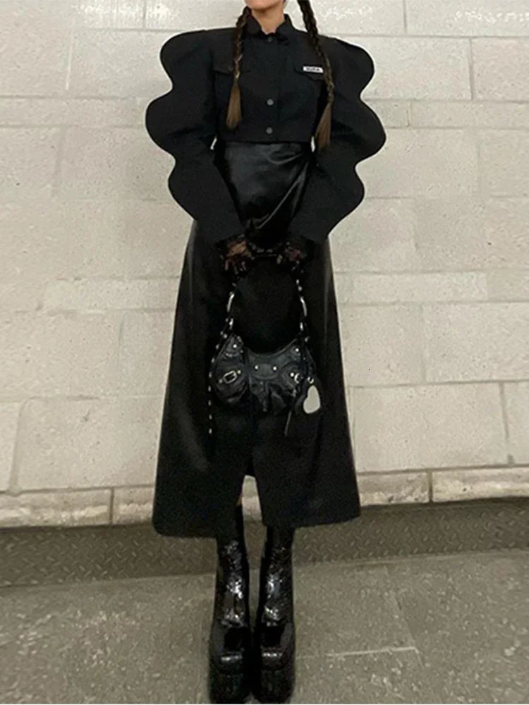 Y2k Tops Women Jacket Fashion Black Top Long Puff Sleeves Sweatshirt Spring Autumn Female er Streetwear Party Club Coat 250322