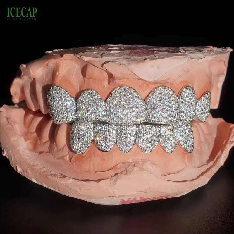 Custom Grillz 925 Silver Teeth Grillz Silver Diamond Hip Hop Moissanite Grillz Deep Cut Honeycomb Diamond Grllz