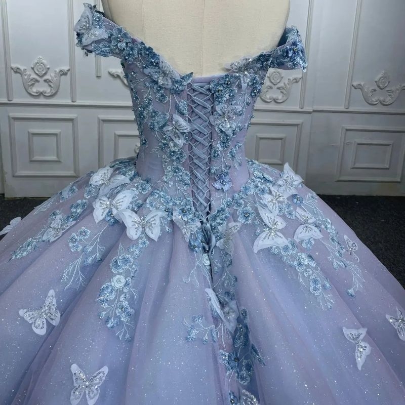 Light Lavender Sweetheart Quinceanera Dresses Sweet Off the Shoulder Beads Appliques Bow Sky Blue Lining Sweet 16 Year Old Girl Princess Birthday Part