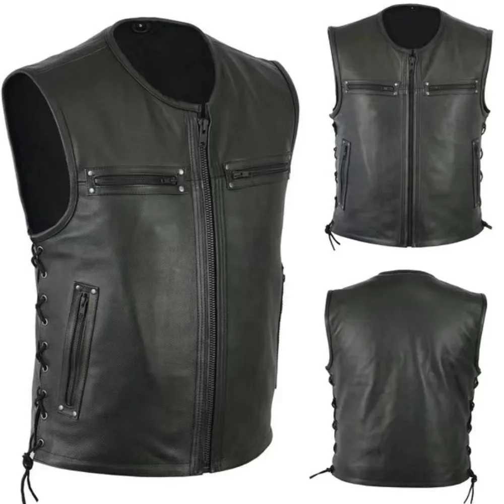 New Arrival new solid color mens motorcycle vest stand collar PU leather vest jacket team punk sleeves top mens large size 5XL Z250326