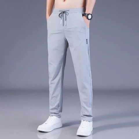 Ice Silk Mens Pants 2023 Summer Black Grey Thin Business Casual Outdoor Elastic Breathable Straight Leg Sports 250326