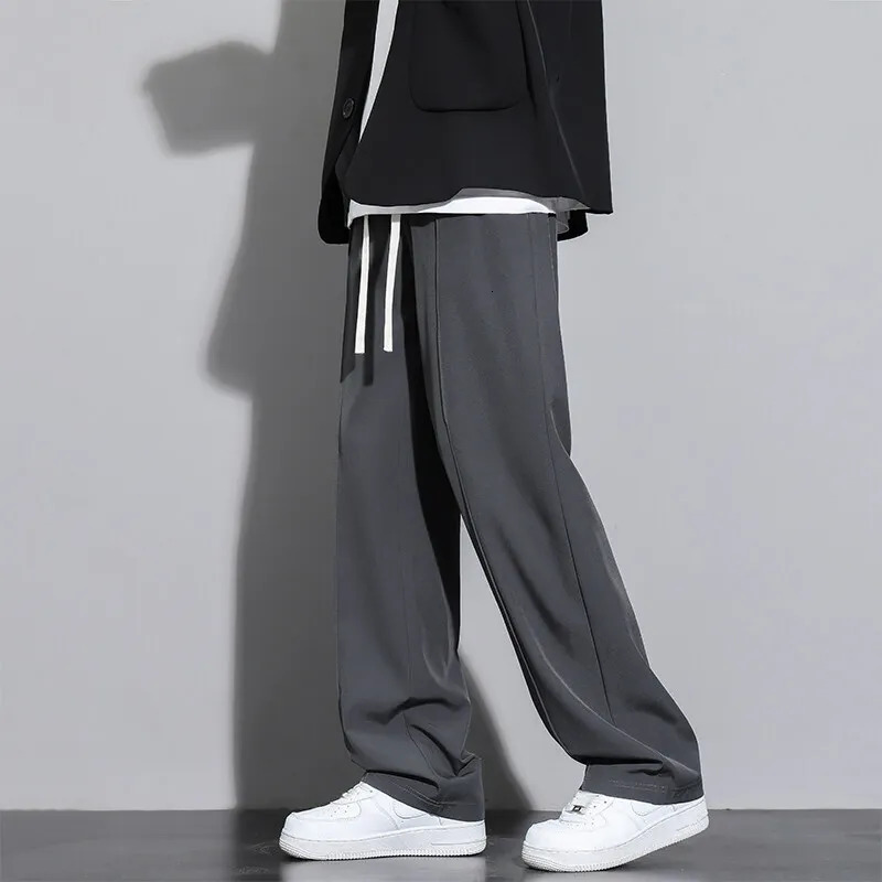 Mens casual straight pants loose elastic waistband Korean classic blue black gray mens Trouser Plus size 250326
