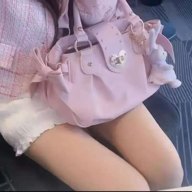 Haruku Bow Pink Hand Purse Women Japanese Style Soft Casual Crossbody Bag Ladies Sweet Cute Large Capacity Shoulder Bags