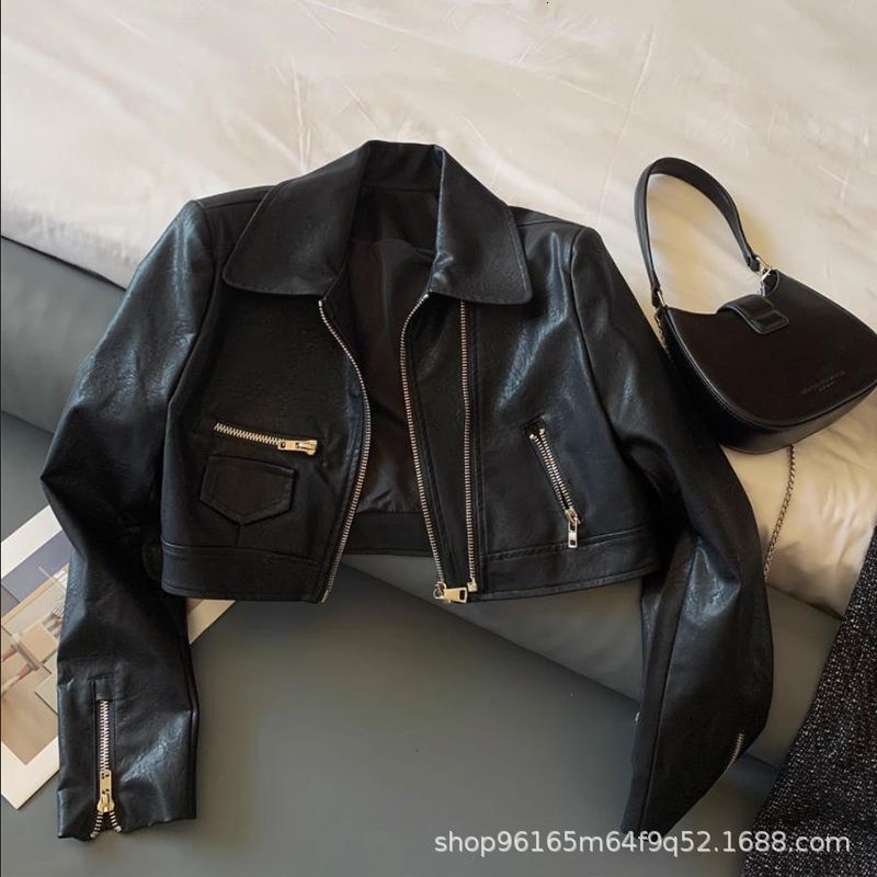 American trendy motorcycle suit slim fit short women's double zipper washed explosive street versatile PU leather jacket