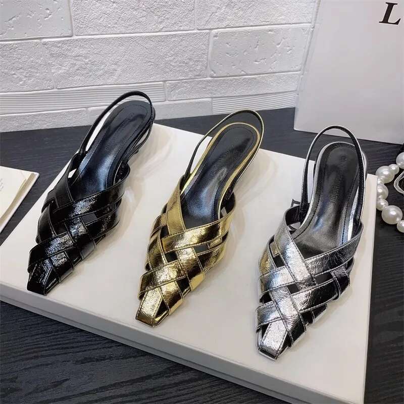 Gold woven retro hollow out stiletto sandals with high heels