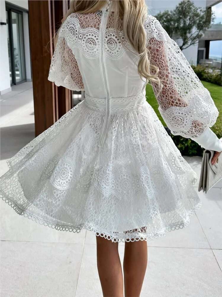 Spring Autumn New Solid Color Mini Dresses Women Sexy Hollow Out Lace Patchwork Short Dress Temperament Elegant Ladies Vestidos