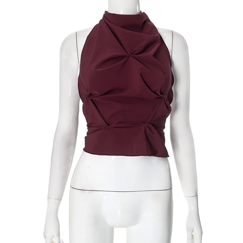 2025S Fashion Designer F TP Women S Autumn And Winter Hanging Neck Tied Bow Hollow Out Backless Pleated Crop Top T Shirt