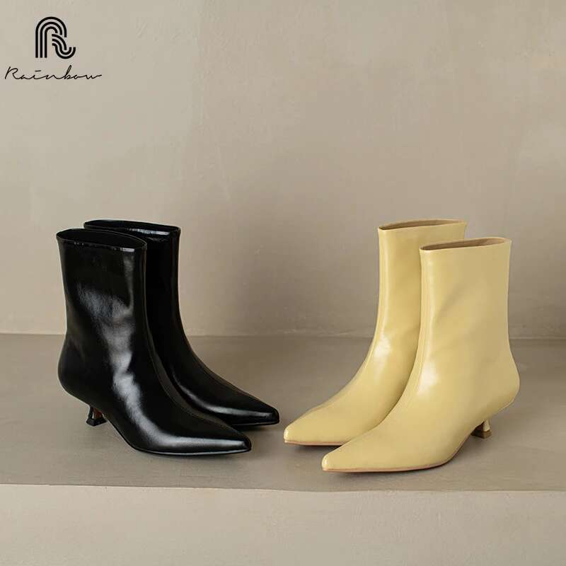 RAINBOW 34-39 Women Ankle Boots Real Leather Kitten Mid Heels Shoes 2025 Winter Ins Fashion Pointy Office Lady Daily Dress