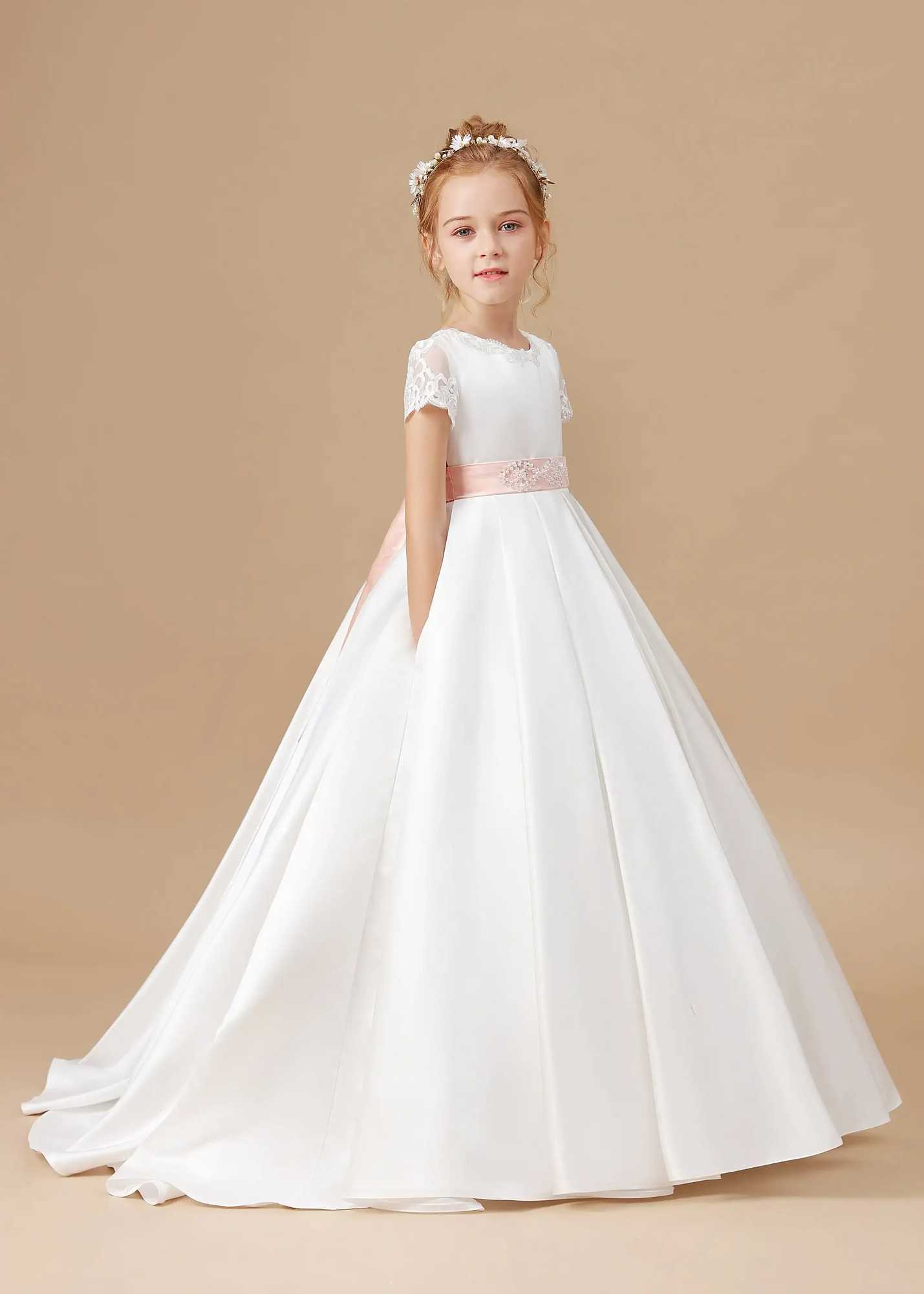 Customized Elegant White Satin First Communication Dress Wedding A-line Flower Girl Dress Pink Bow Princess Childrens Birthday Dress W250326
