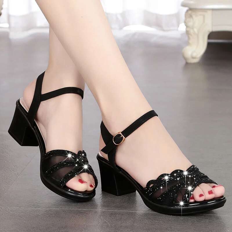 2025 Summer New Open toed Women's Designer Fashion Thick Heel Shoes with Mesh Black Party Buckle Fish Mouth Elegant Sandals
