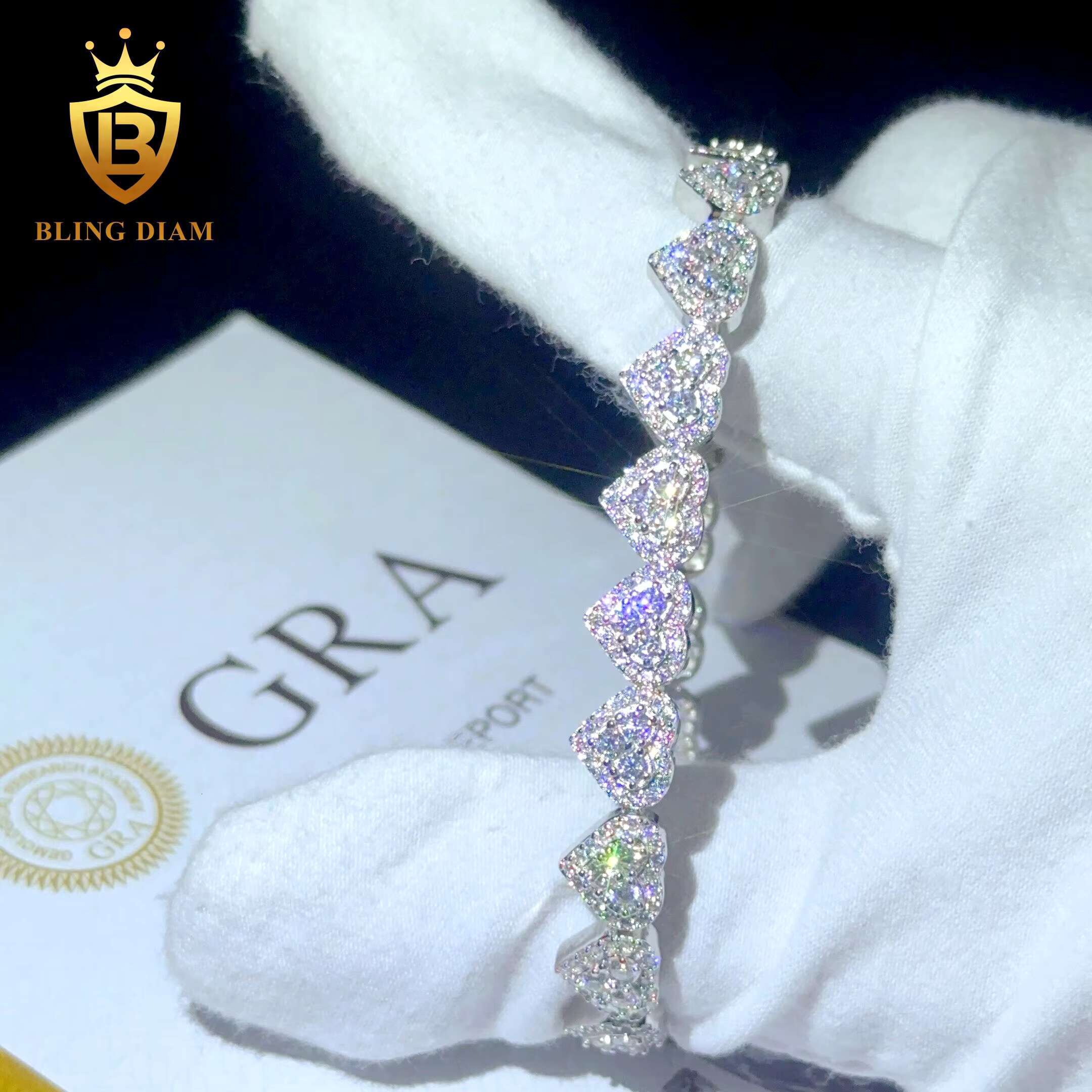 8mm New Custom Fashion Jewelry Heart Shape Moissanite Cuban Link Bracelet Ice Out 925 Silver Hip Hop Bracelet Hot Sale