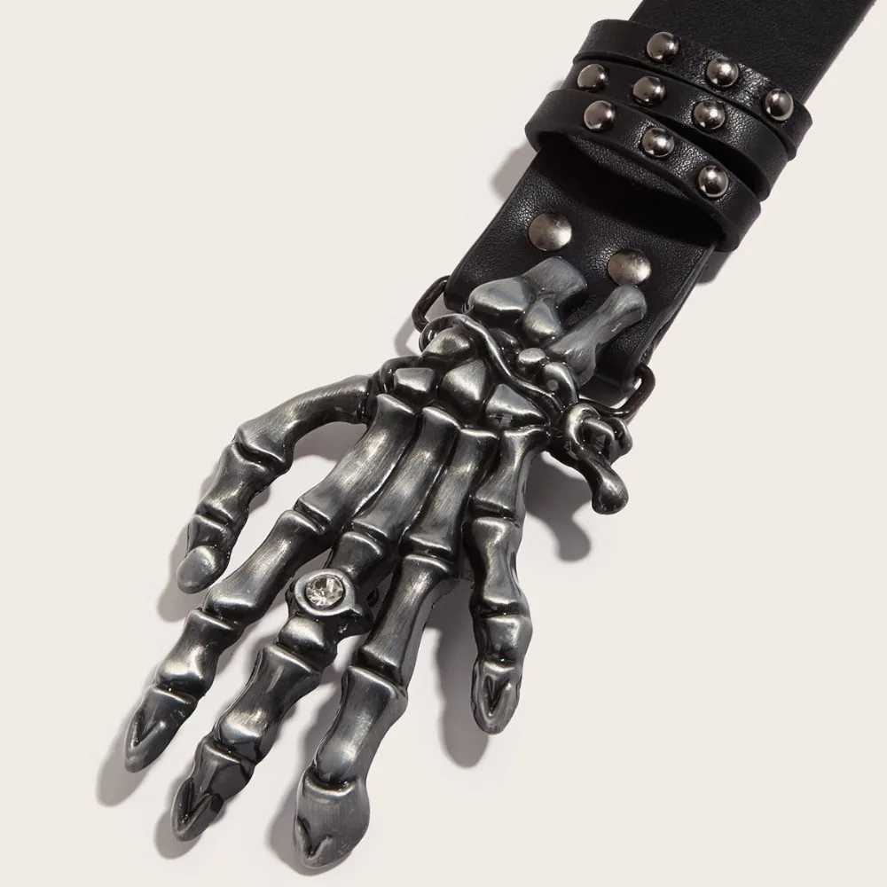 Punk Skull with Harajuku Gothic Leather Y2K Rivet Belt Skeleton Adjustable Hand Decoration Belt Mens and Girls Leather Belt Neutral Style W250326