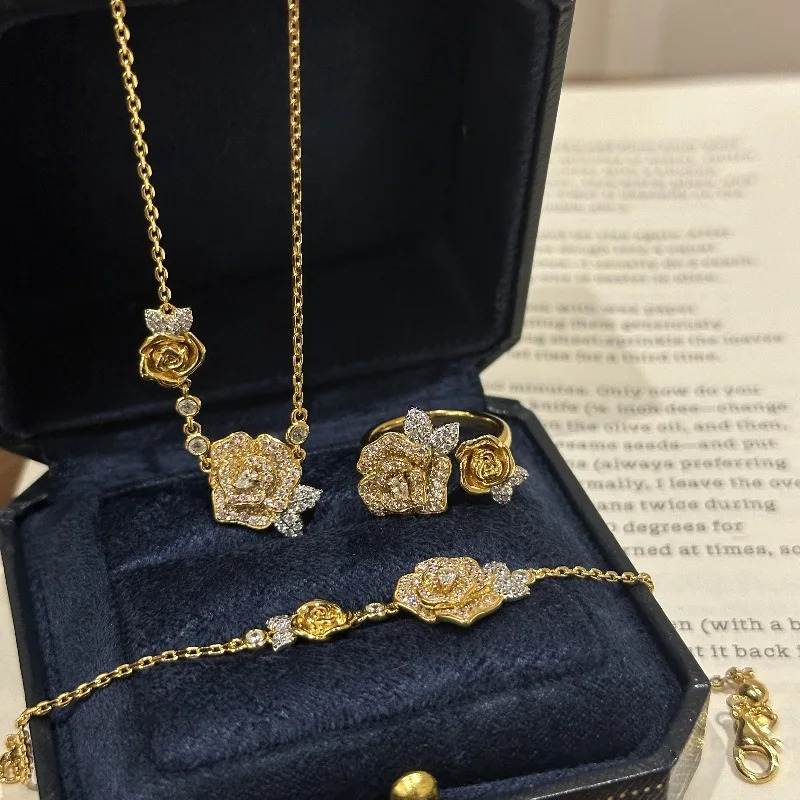 Romantic Sparkling Yellow Rose Jewelry Set Wedding Engagement Ring Inlaid Diamond Bracelet Necklace 250326