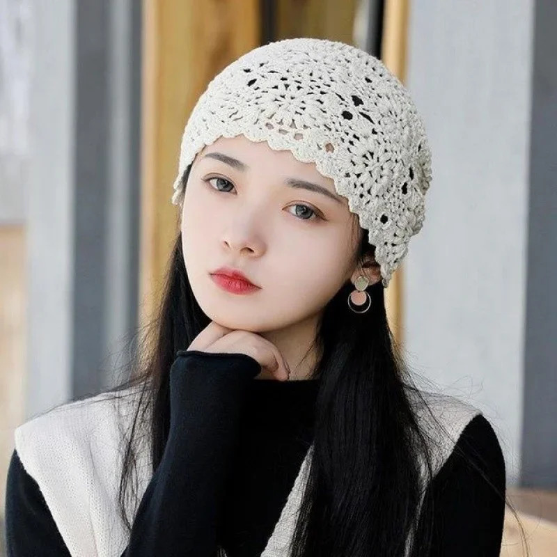 Spring Summer Thin Handmade Female Crochet Hat Hook Flower Knitted Hollow Breathable Ladies Cap Women Beanies 250321