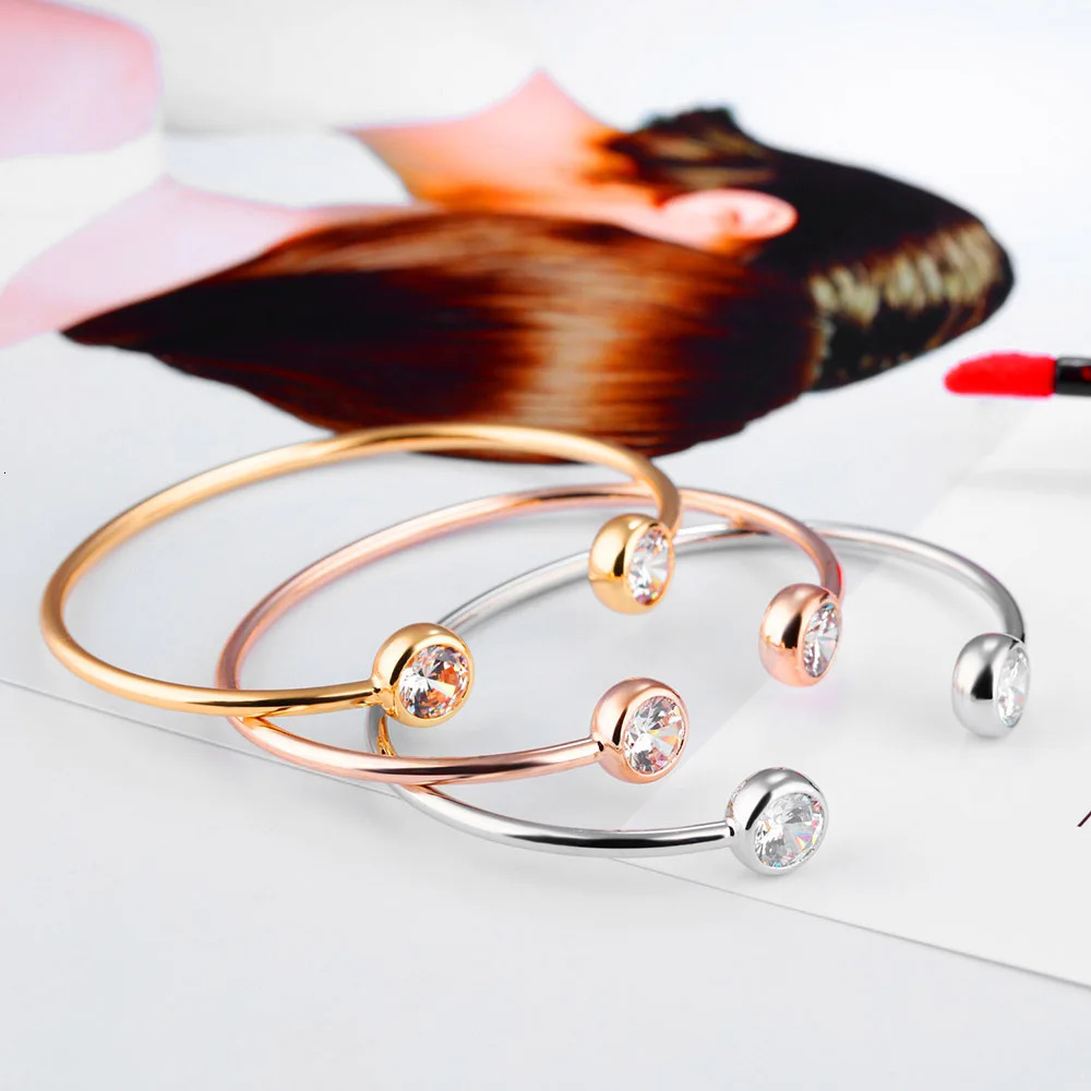 Lokaer Trendy Stainless Steel Open Bangles For Women Girl Gold Plated Bezel Setting Cubic Zirconia Cuff Bracelet B18094 250318