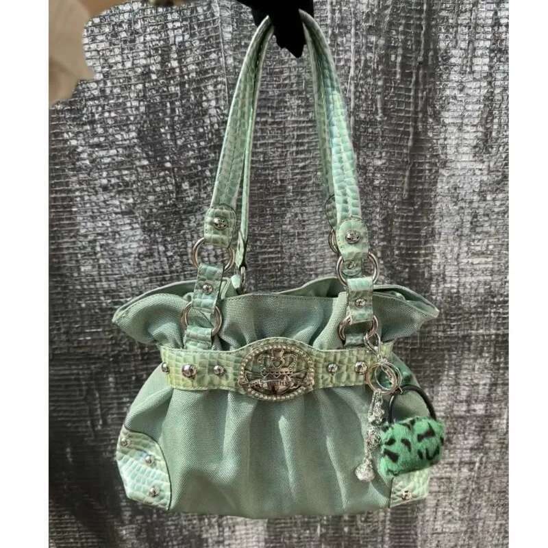 Belt Design Streetwear Green Zipper Y2k Girl Shoulder Pleated Fashion Underarm Bags Rivet Gothic Women's Handbags
