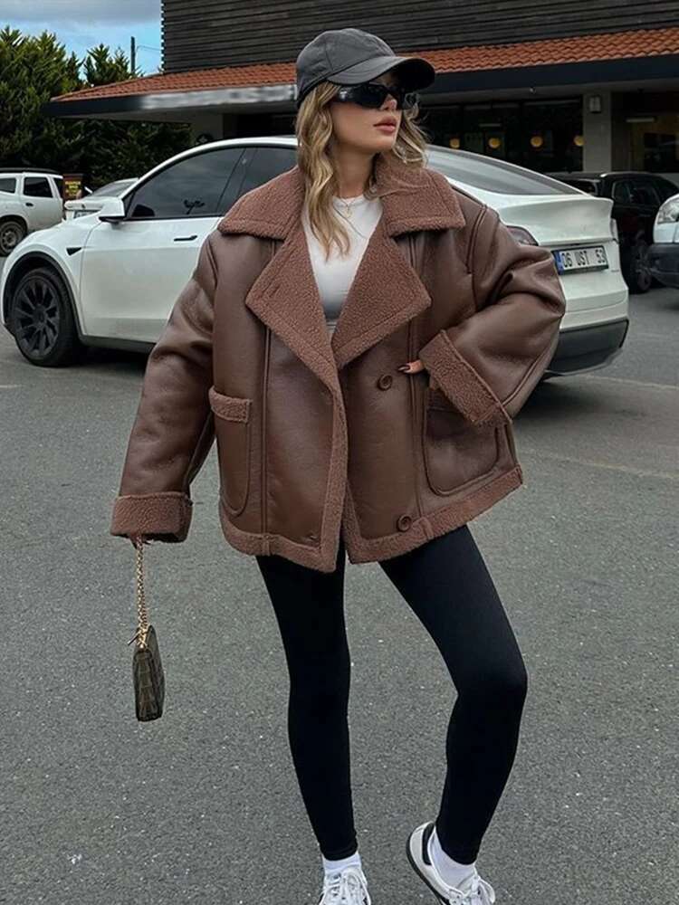 Plush Patchwork Lapel PU Leather Jackets Women Casual Loose Long Sleeved Jacket Female Autumn Winter Chic High Street Outwears