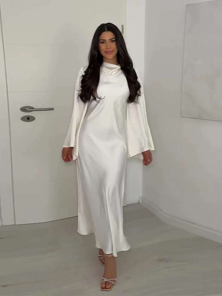 Women Dressess Elegant Stain Full Wide Sleeve Pleated Bodycon Long Dress Female 2025 Spring Summer Fashion Solid Lady Vestidos