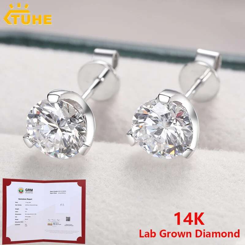 14K Real Gold Stud Earrings for Men Women 3 Claws VVS Round Cut Lab Grown Diamond Fine Ear Studs Jewelry Wedding Birthday Gifts