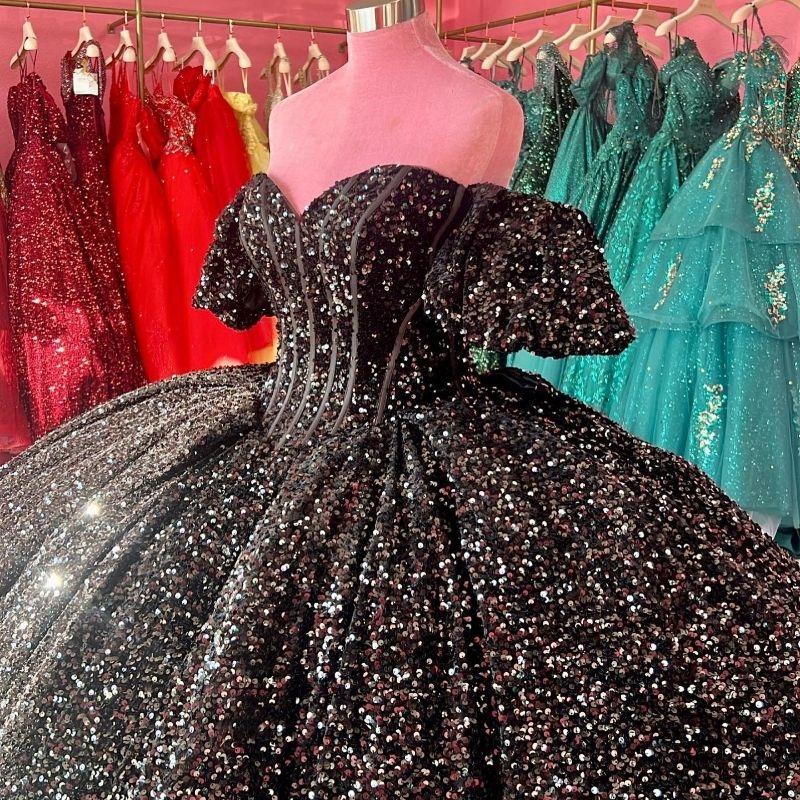 Black Shiny Sweetheart Quinceanera Dresses Off Shoulder Sequined Beads Bow Chapel Train Corset Party Birthday vestido de debutante 15 anos