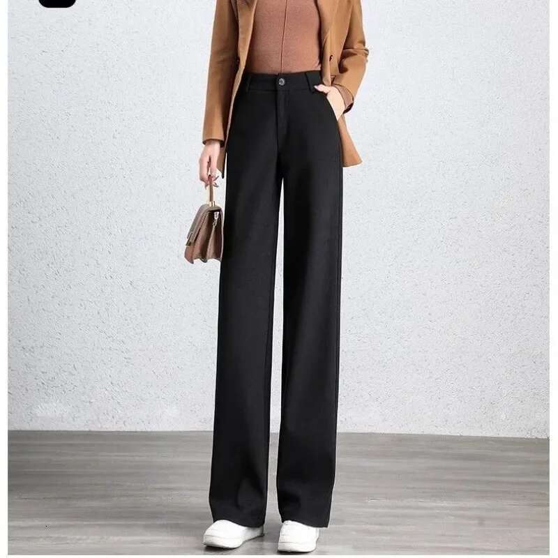 Autumn And Winter Women's Solid Color Loose Woolen High Waist Wide Leg Pants Elastic Pockets Fashion Casual Commuter Trousers
