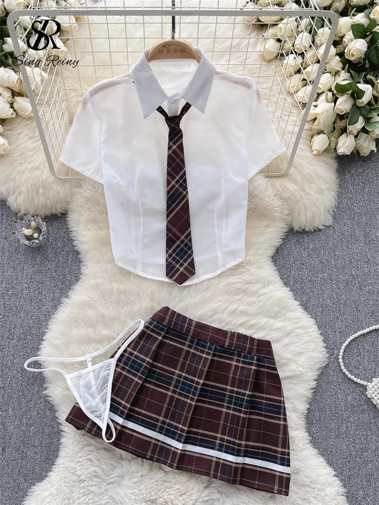 Singreiny Plaid JK Uniform Sex Set Underwear Womens Short Sleeve ShirtWrinkle Tight Clothes Role Playing Transparent Sexy 250318