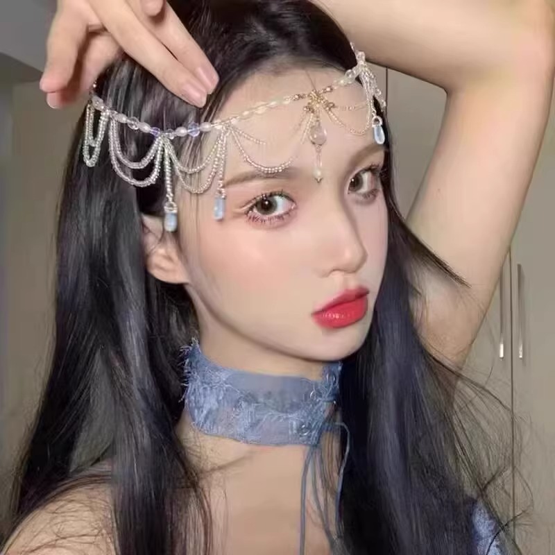 Bohemian Layered Tassel Necklace with Imitation Pearl and Moonstone Charms for Both Neckwear and Hair Accessories