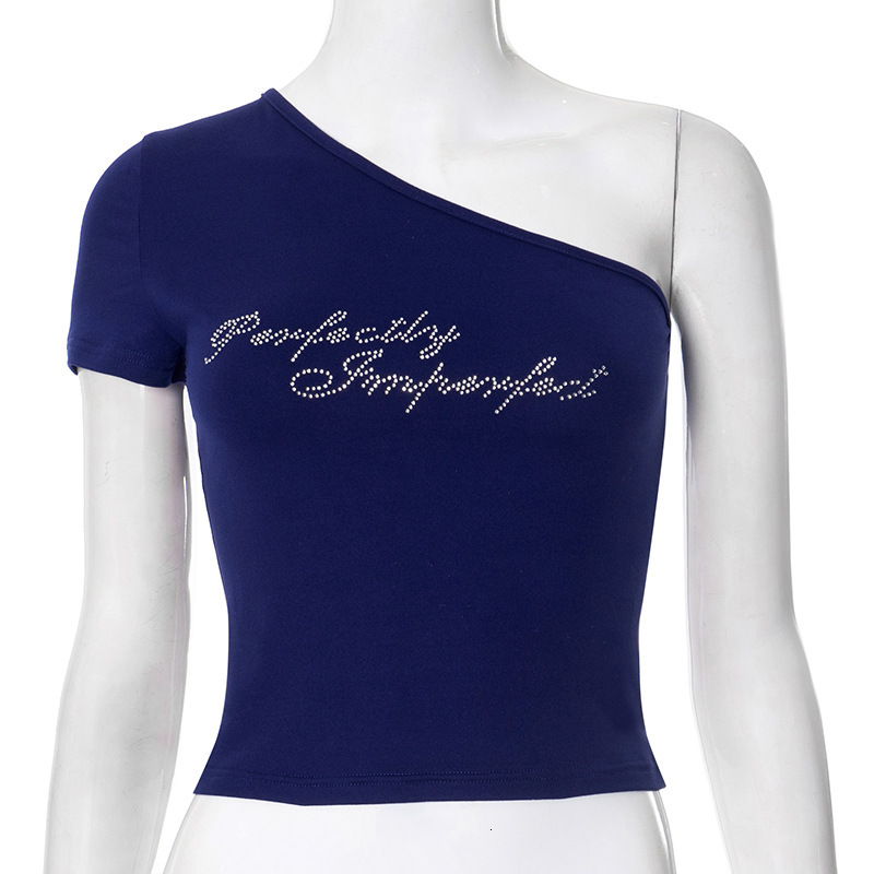 2025S Fashion Designer Y TP Women S Summer New Style Single Shoulder Slant Neck Exposed Umbilical Sexy Hot Diamond T Shirt Top