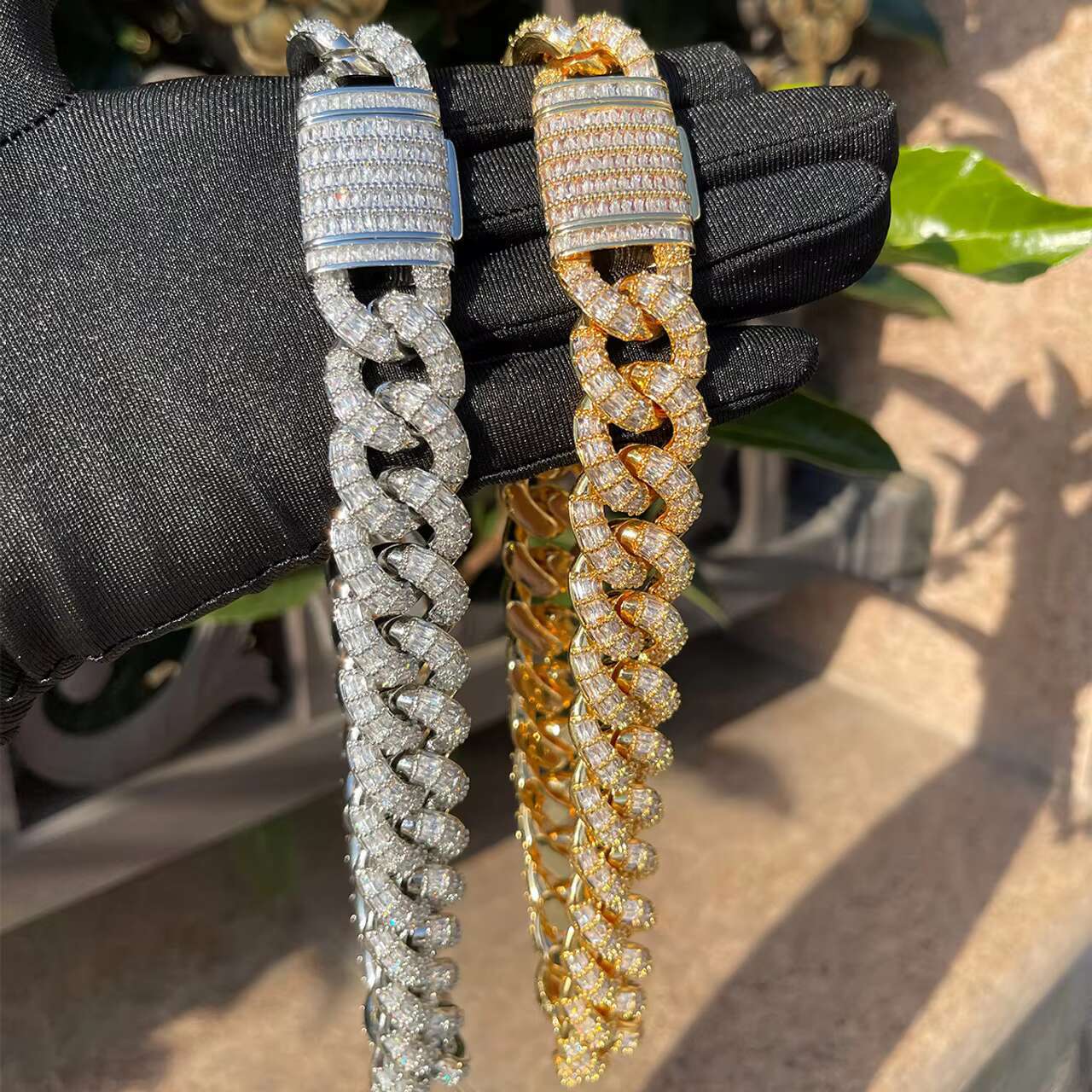 Cascade 24K Gold 925 Cuban Link Chain Flooded Ice Prong Set with Baguette Moissanite Necklaces in a Stylish Design