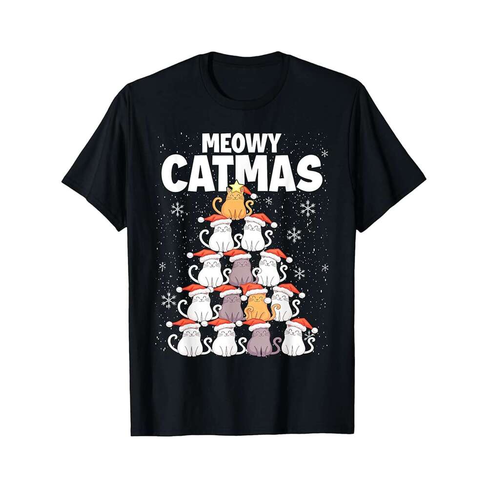 Designer T shirt Meowy Catmas Cat Christmas Tree Xmas Pajamas PJs Men Girls - 220g Tshits