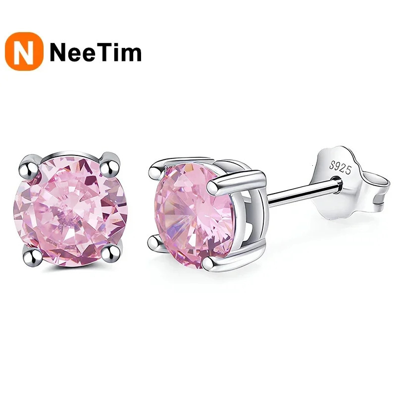 NeeTim Earrings for Women S925 Sterling Silver Green Pink Red Black Blue Sparkling Diamond Ear Studs Fine Jewelry 250318