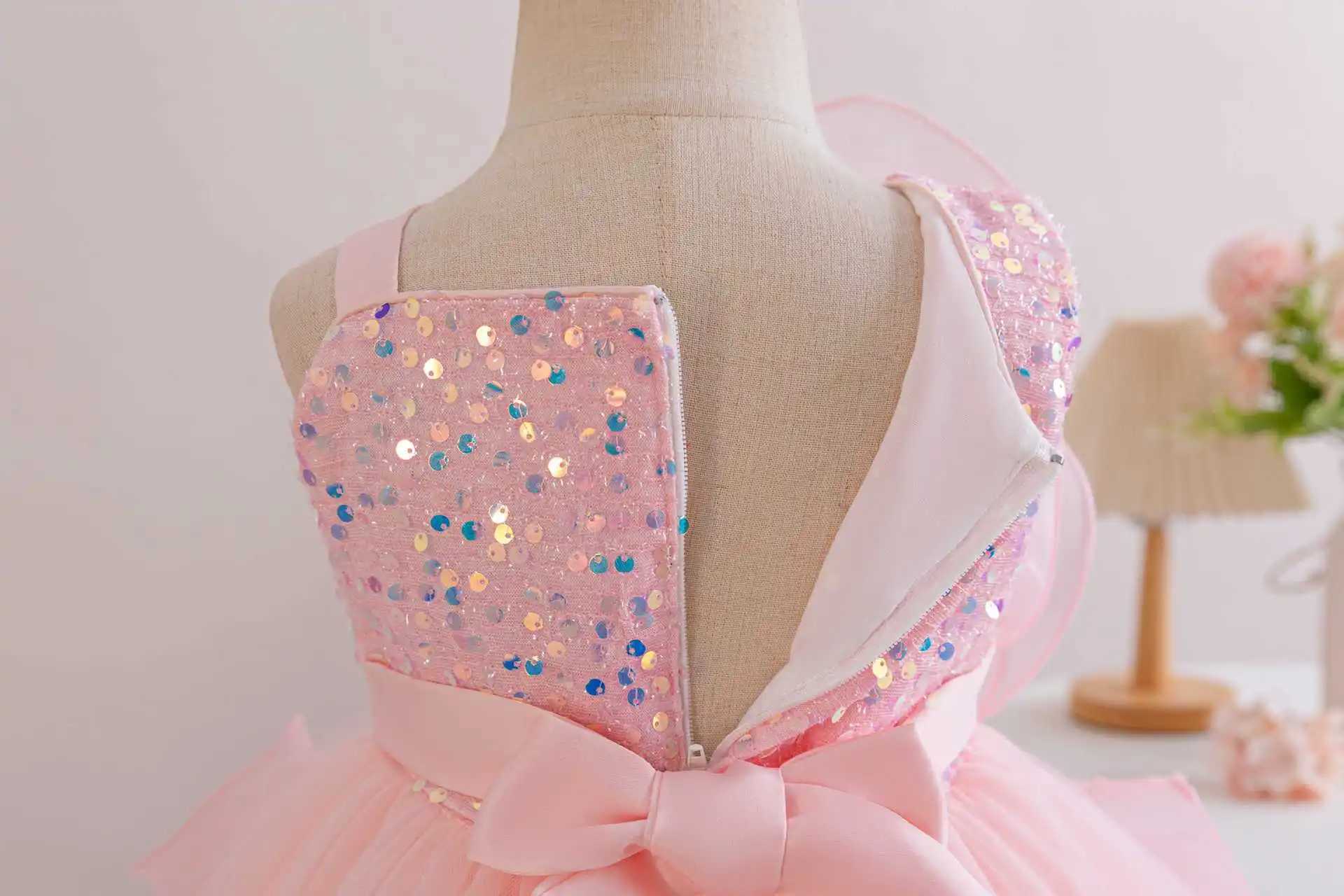 Hetiso girl Par dress flower elegant childrens wedding dress sequins big bow childrens birthday celebration frog 1-7 years W250326