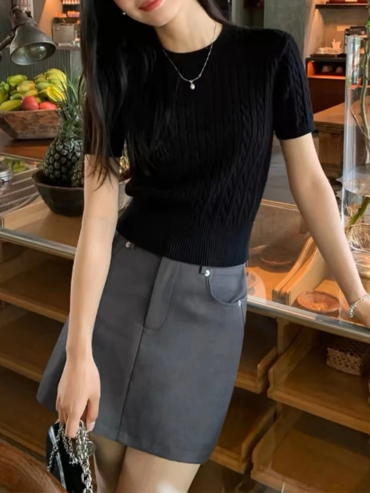Womens Casual T-shirt O-neck Short sleeved Tuned Crop Top Ropa Mujer Summer Fashion Retro Korean T-shirt 250321