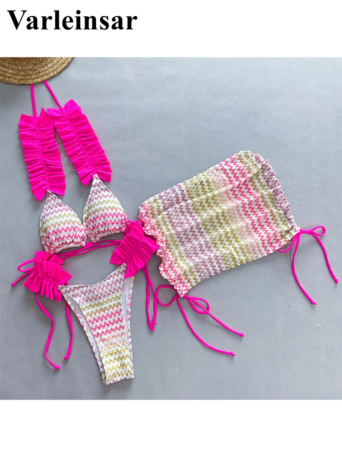 With Skirt Waved Ruffled Frilled Bikini Female Swimsuit Women Swimwear Three-pieces Bikini set Bather Bathing Suit Swim V5235 250324