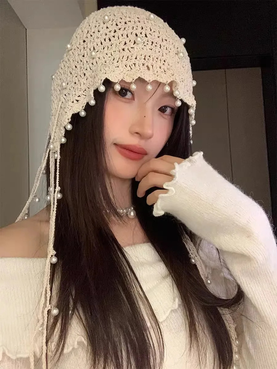 Bohemian Woven Hollowed-Out Baotou Hat Ladies Summer Thin Breathable Pearl Tassels Adorn Ethnic Wind Pile Hat 250321