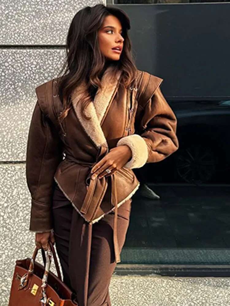 Faux Fur Women's Jacket Street Vintage V-Neck Long Sleeve Belt Female Coat 2024 Winter Thicken Patchwork Chic Hem Lady Outwears