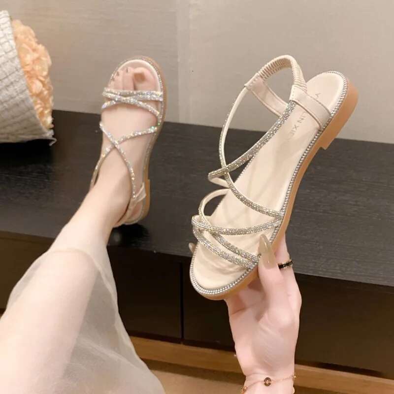 2025 Summer New Rhie Flat Women's Open Toe Elastic Set Foot Cross Sandals, Women Sandals